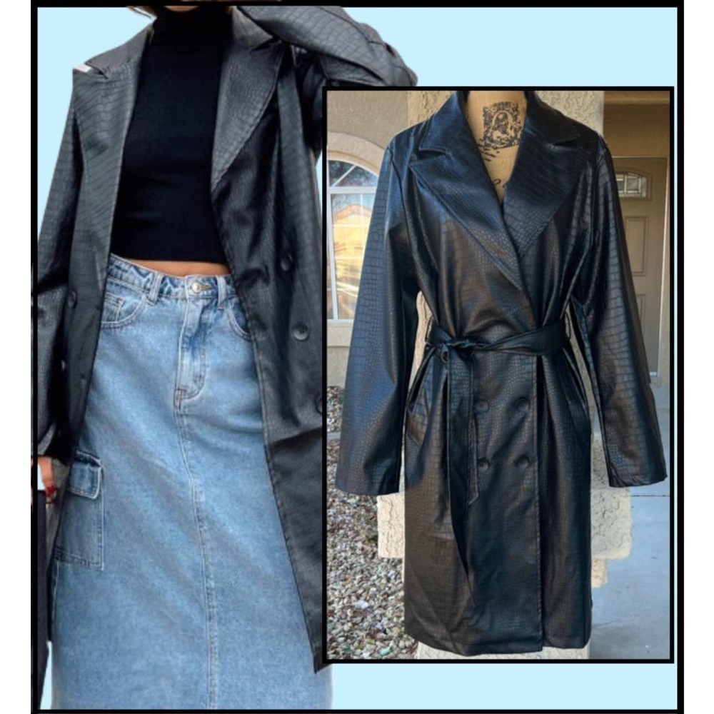 Princess Polly Elgata Faux Croc Trench Coat Black Size 8 SOLD-OUT